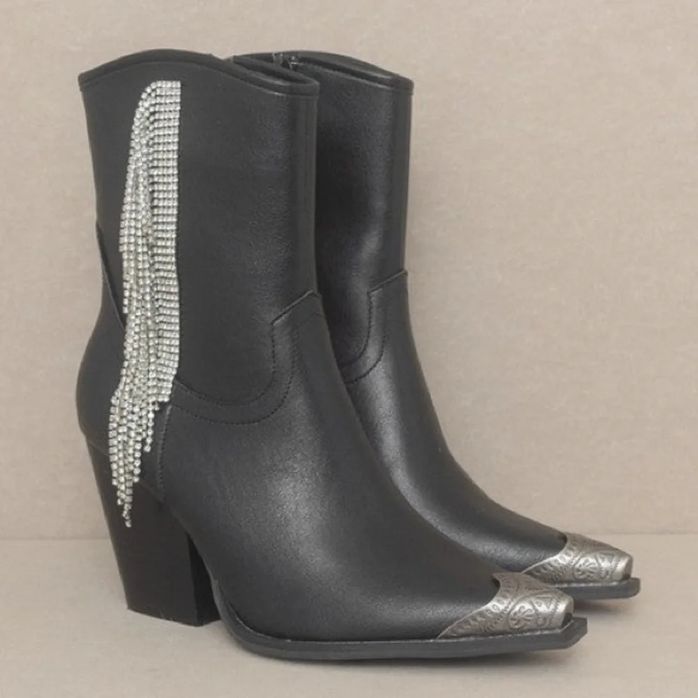 The Kai Rhinestone Fringe Etched Toe Cap Western Cowgirl Booties Boots Black
